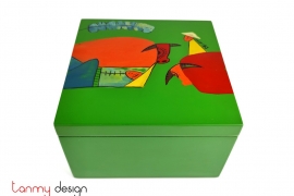 Green square lacquer box hand painted with buffalo